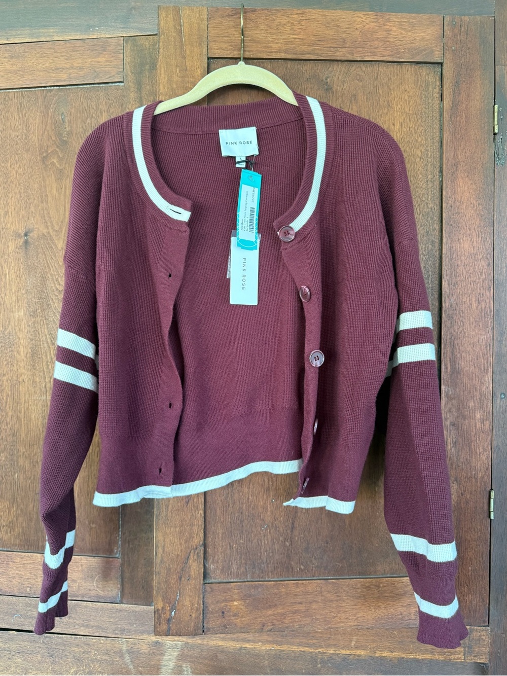 Pink Rose Maroon Crewneck Cardigan with Cream Stripes